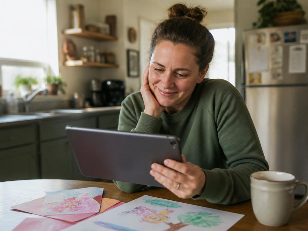 A parent smiling while reviewing their child's reading progress on a tablet