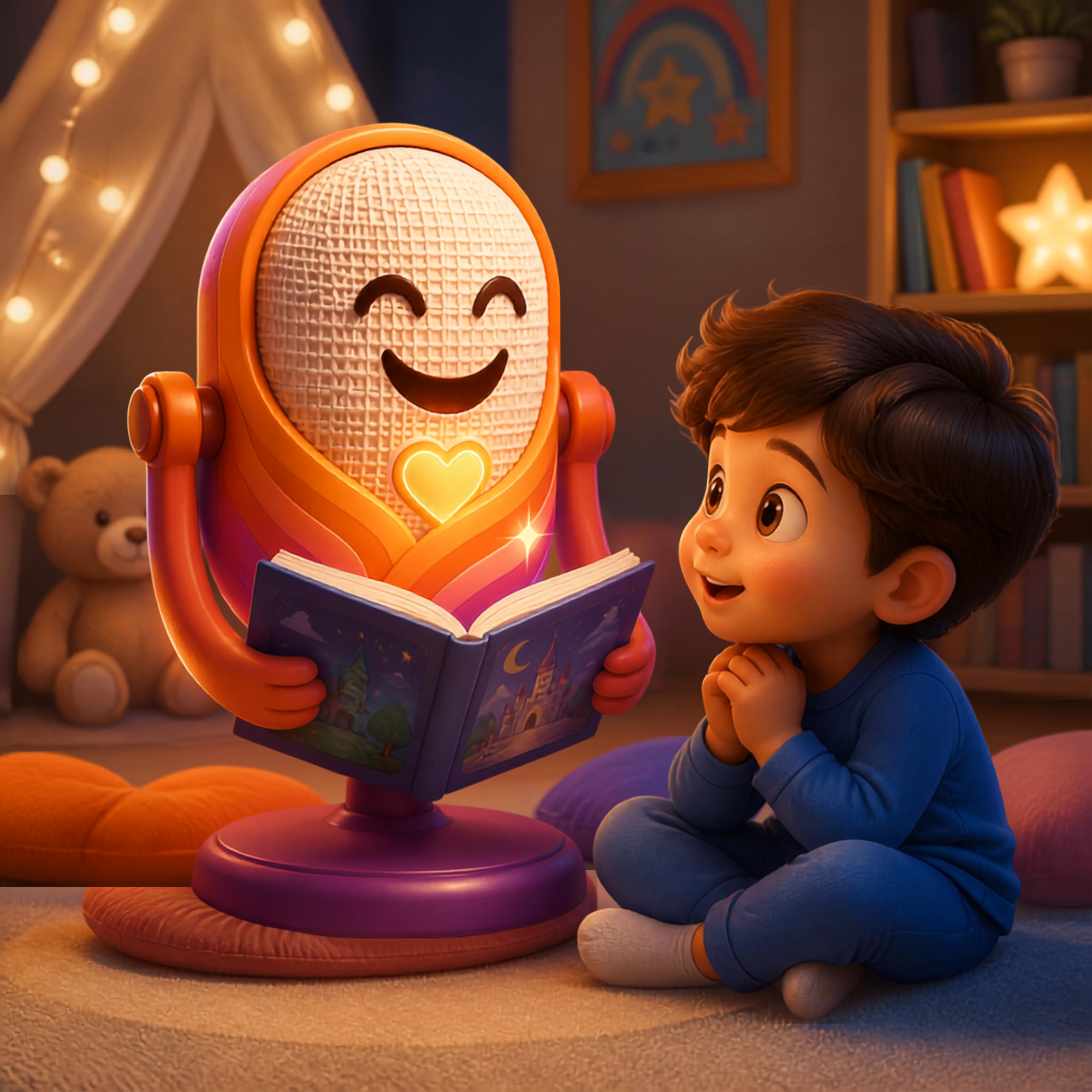 WONZY™ holding a storybook and reading aloud to a listening child