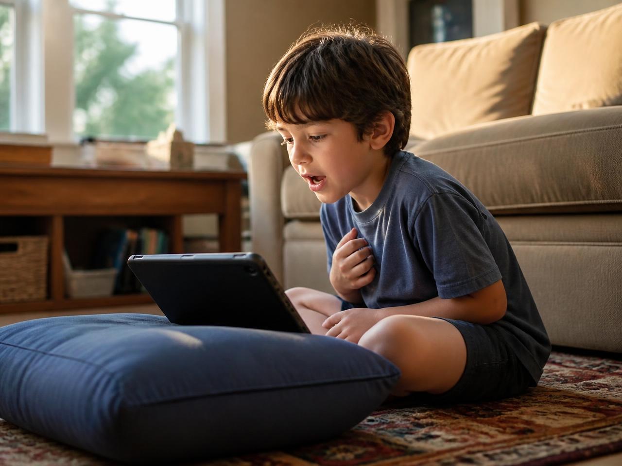 A child reading aloud from a glowing storybook while sound rises from the page